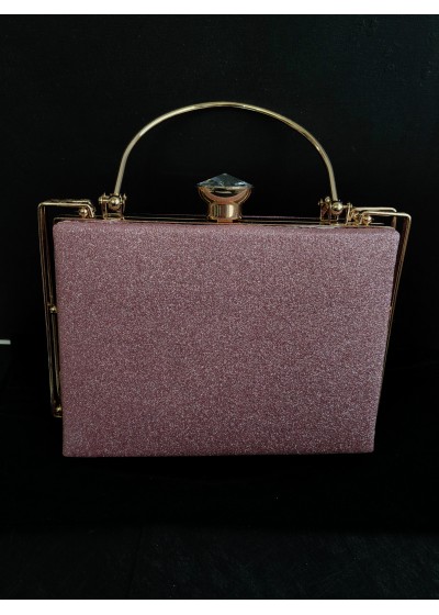 Луксозна дамска чанта брокат с отблясъци цвят пепел от роза с кристал на закопчаването и златист обков